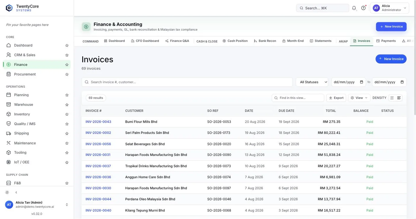 TwentyCore invoices screen with the AI Chat Copilot answering in Bahasa Malaysia